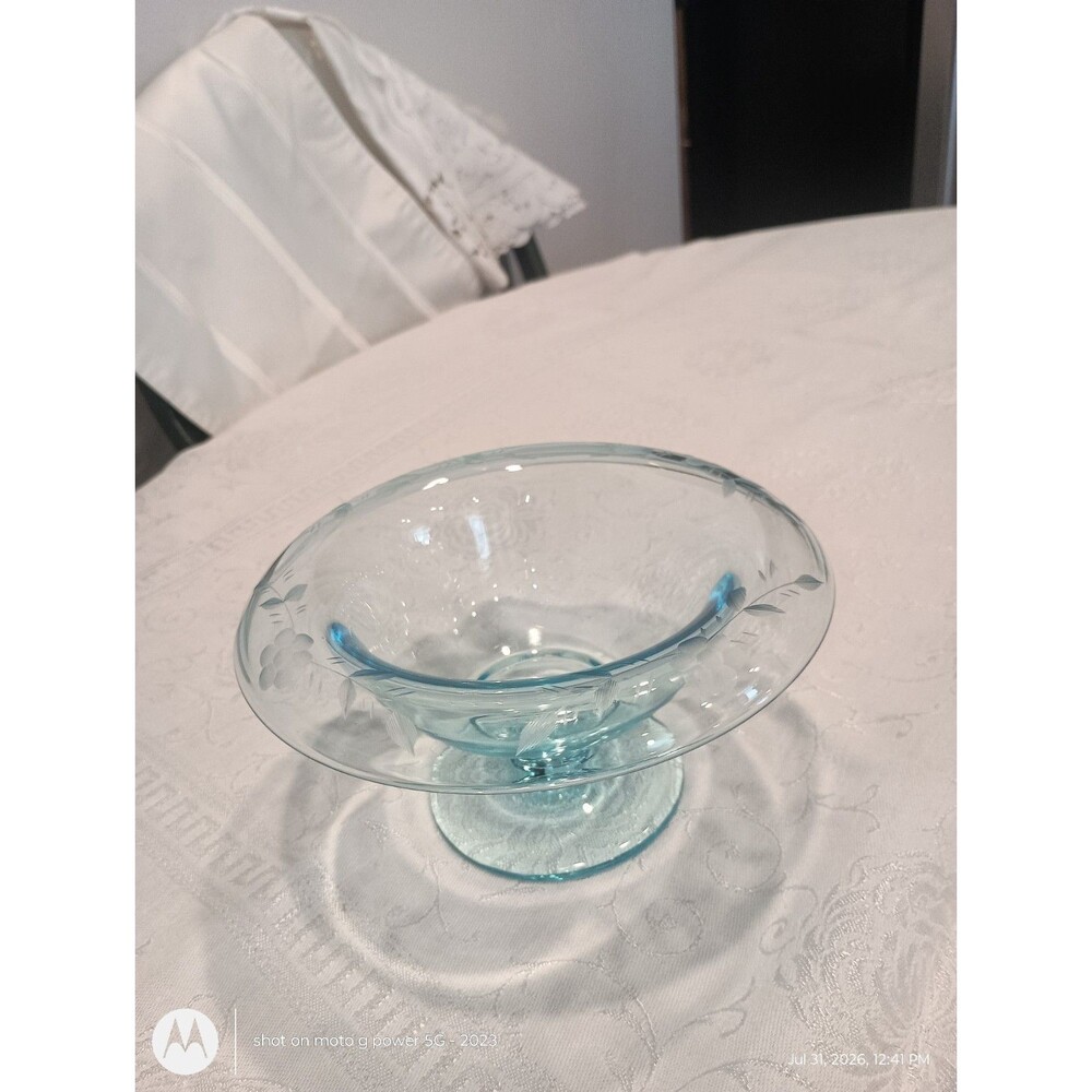 Rare Azure Blue pedestal glass mayo bowl curved edge with white etching